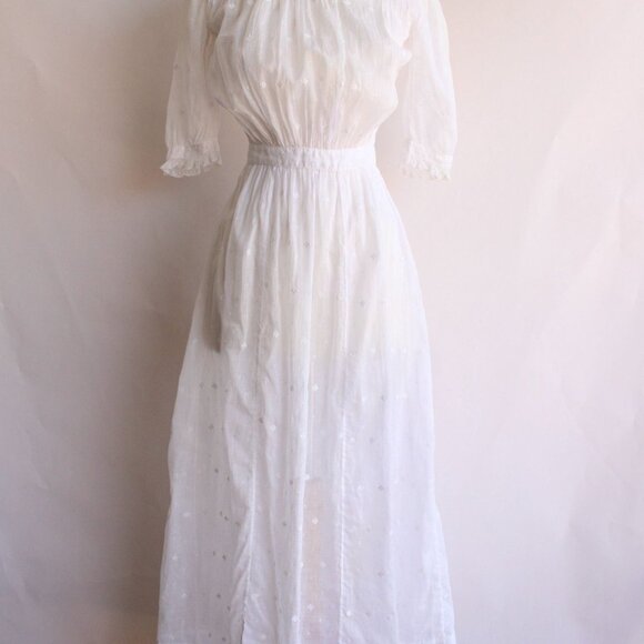 Vintage Antique 1900s 1910s Dress, Edwardian White Cotton And Lace Embroidered - Picture 2 of 10